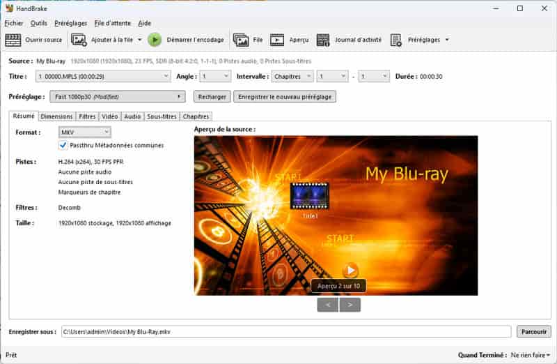 Convertir BDMV en MKV ou MP4 avec HandBrake