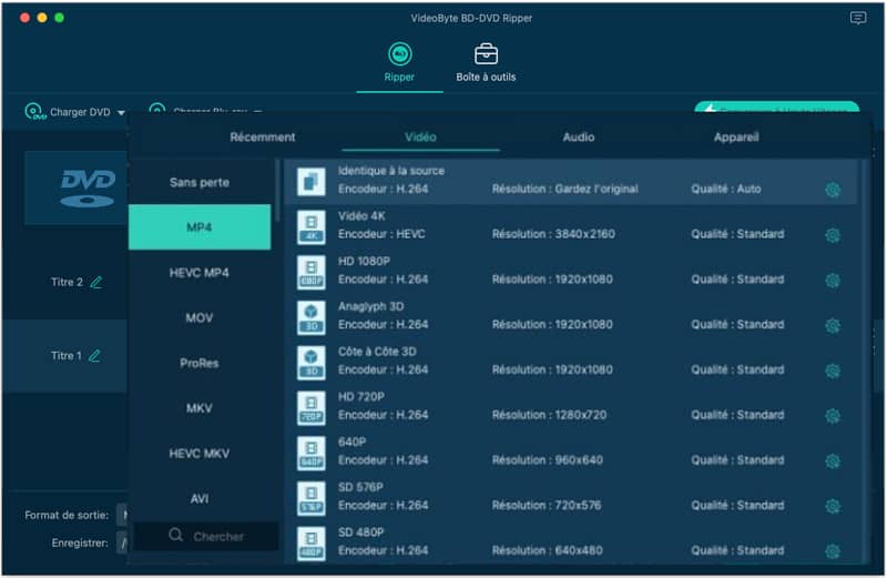 Format vidéo de sortie