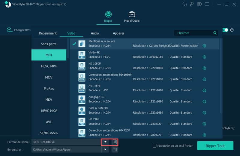 Choisir le format vidéo de sortie