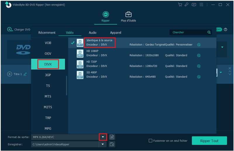 Choisir un format de sortie