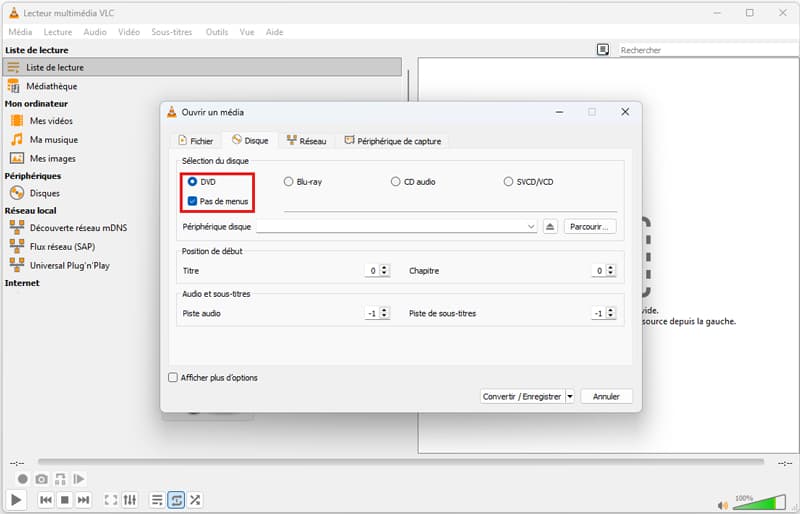Configuration de la source