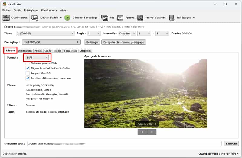 Sélectionnez le format de sortie