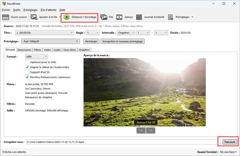 Démarrer l'encodage