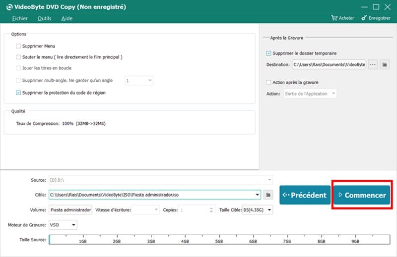 Ajouter des options et lancer la conversion DVD en ISO