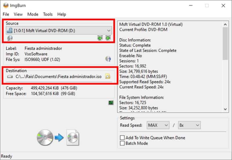 Choisir le DVD et le nom du fichier ISO