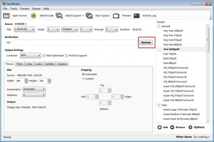 Configurer les paramètres de sortie Handbrake