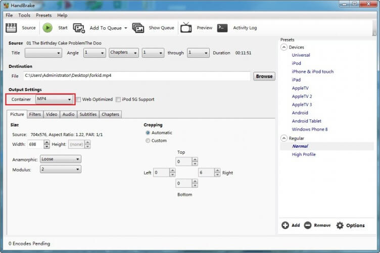 sélectionner le format de sortie Handbrake