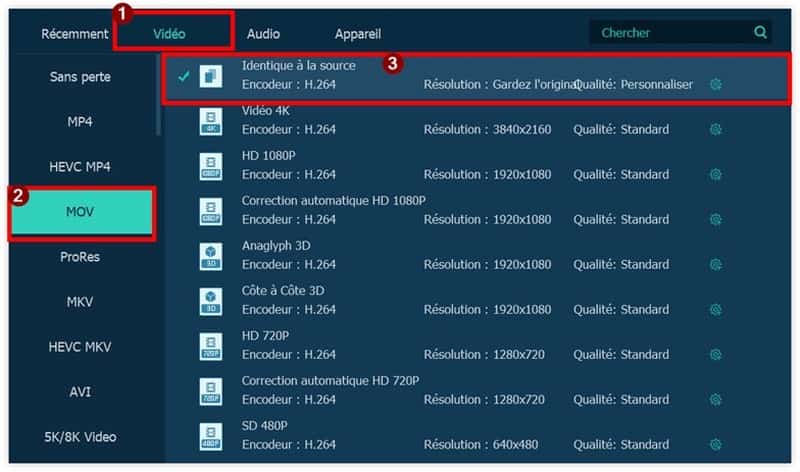 Choisir le format de sortie comme MOV