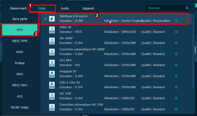 Sélectionner un format vidéo courant comme MP4