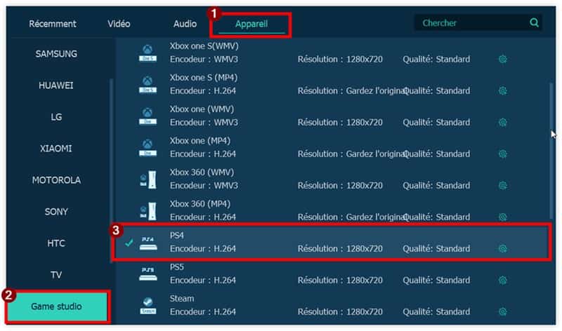 Choisir le format de sortie compatible PS4