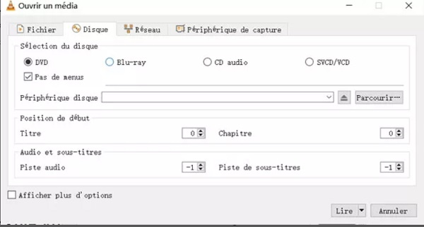 Sélectionner le disque sur vlc