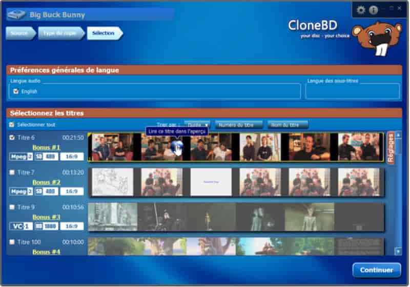 Sélectionnez le contenu du film à convertir
