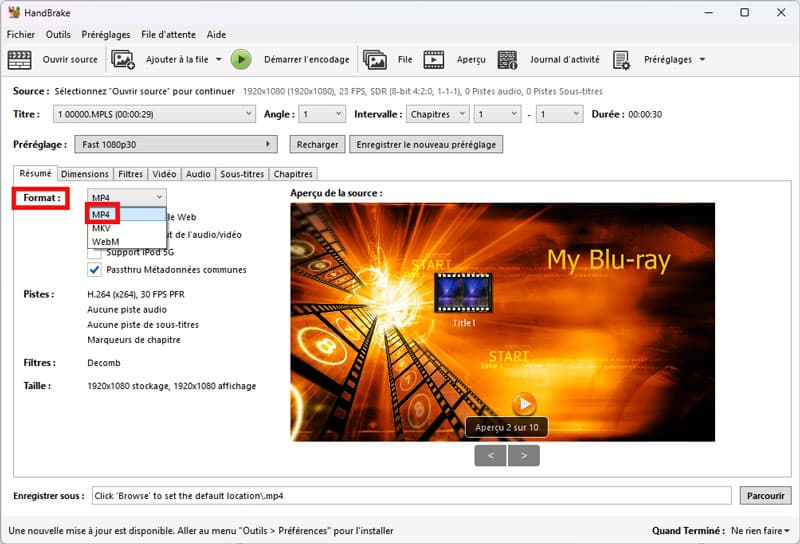 Choisir le format de sortie en HandBrake