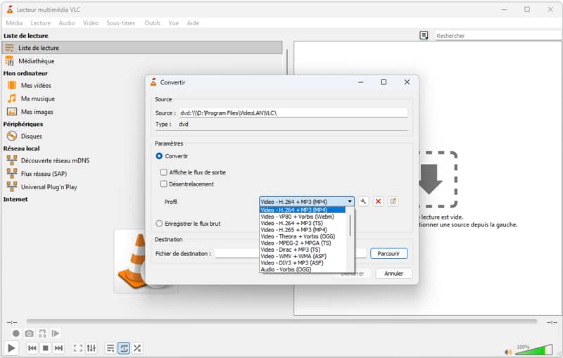vlc choisir le format de sortie dvd