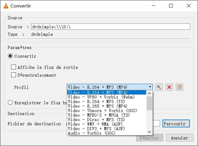 vlc choisir le format de sortie dvd