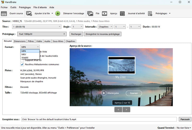 choisir le format de sortie en HandBrake