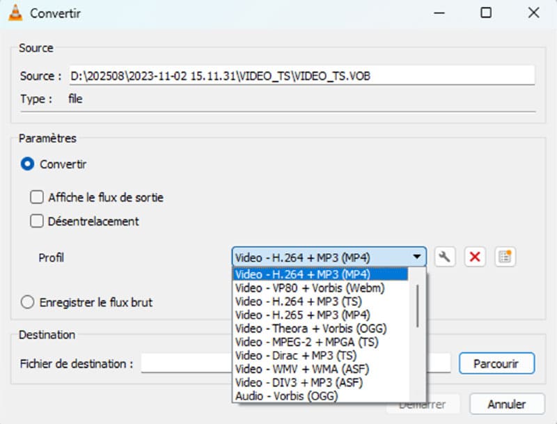 choisir le format de sortie en VLC